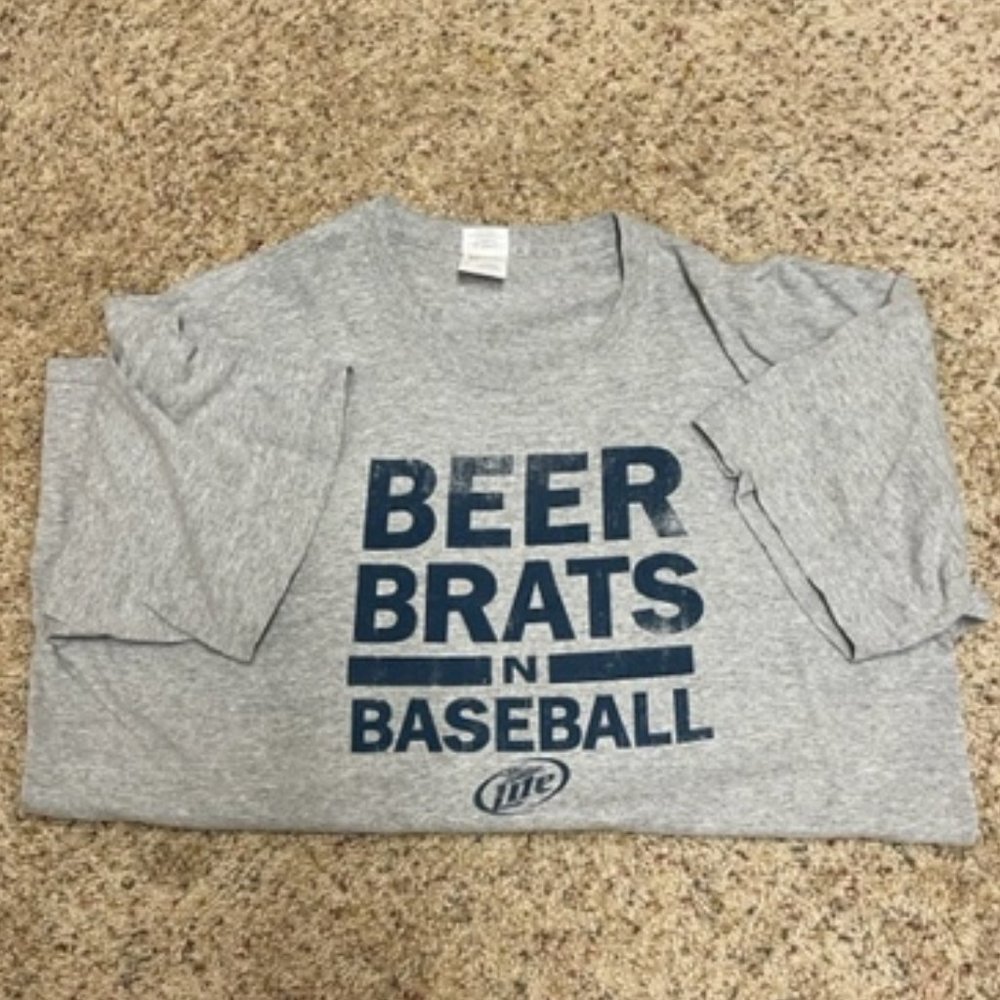 “BEER BRATS n BASEBALL” (Miller Lite) Gray Gildan T-shirt - XL